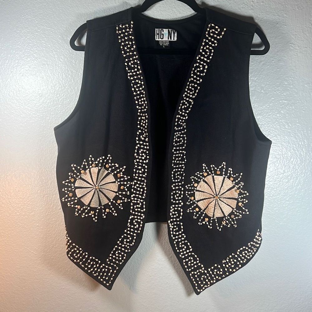 Vintage HG NY Womens Hand Beaded Vest Open Front Boho Design Black Size Large